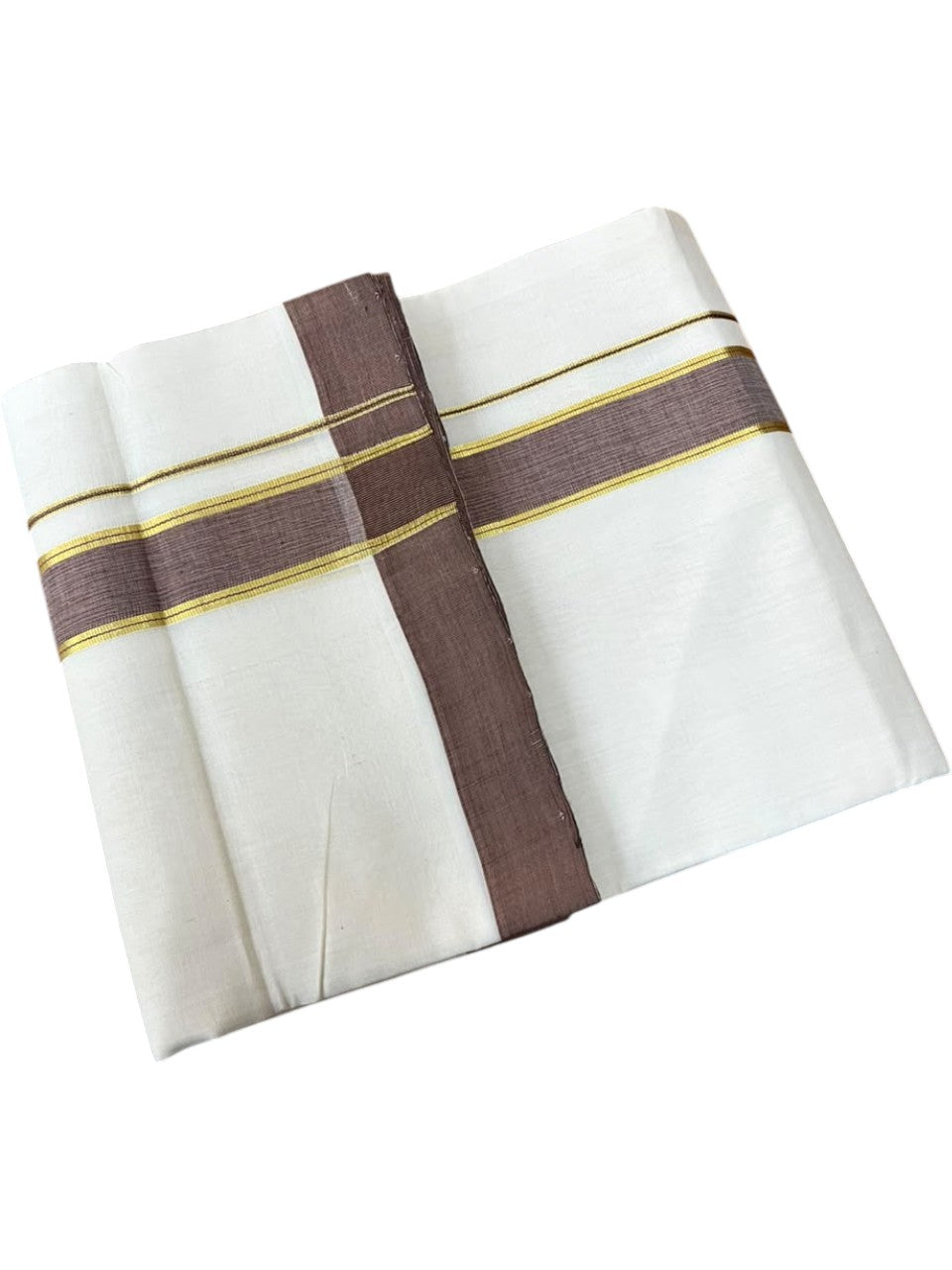 Southloom Balaramapuram Unakkupaavu Premium Handloom Cotton Double Mundu with Gold Kasavu and Brown Border