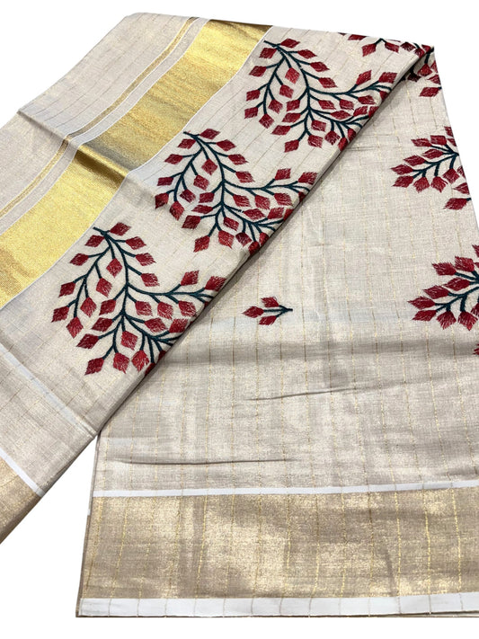 Southloom Tissue Kerala Kasavu Stripes Saree with Floral Embroidery Design