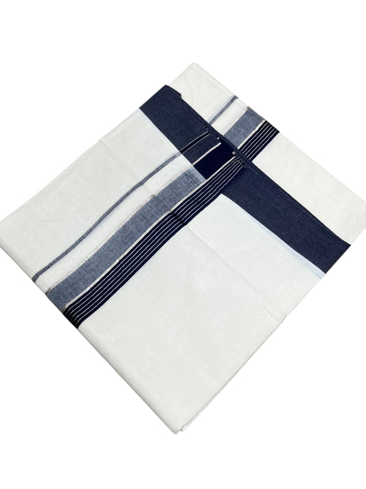 Southloom Kerala Pure Cotton Double Mundu with Silver Lines and Blue Border with (South Indian Dhoti)