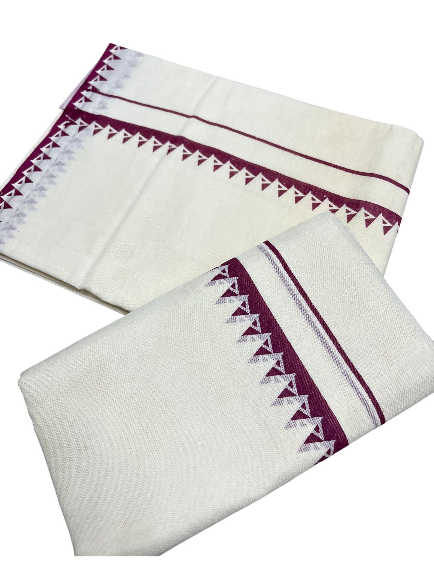 Kerala Cotton Set Mundu (Mundum Neriyathum) with Purple Block Prints on Body