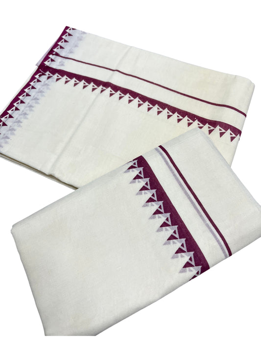 Kerala Cotton Set Mundu (Mundum Neriyathum) with Purple Block Prints on Body