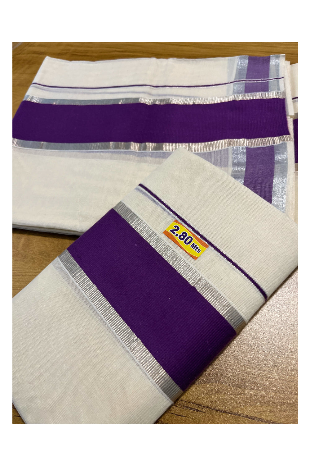 Kerala Cotton Mundum Neriyathum Single (Set Mundu) with Violet and Silver Kasavu Border 2.80 Mtrs