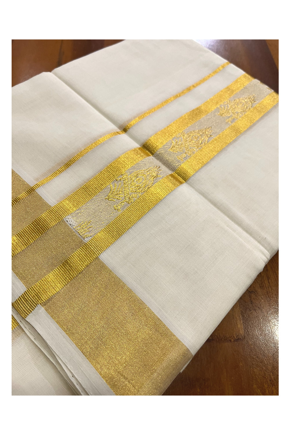 Southloom Premium Handloom Wedding Mundu with Kasavu Feather Woven Border (South Indian Kerala Dhoti)