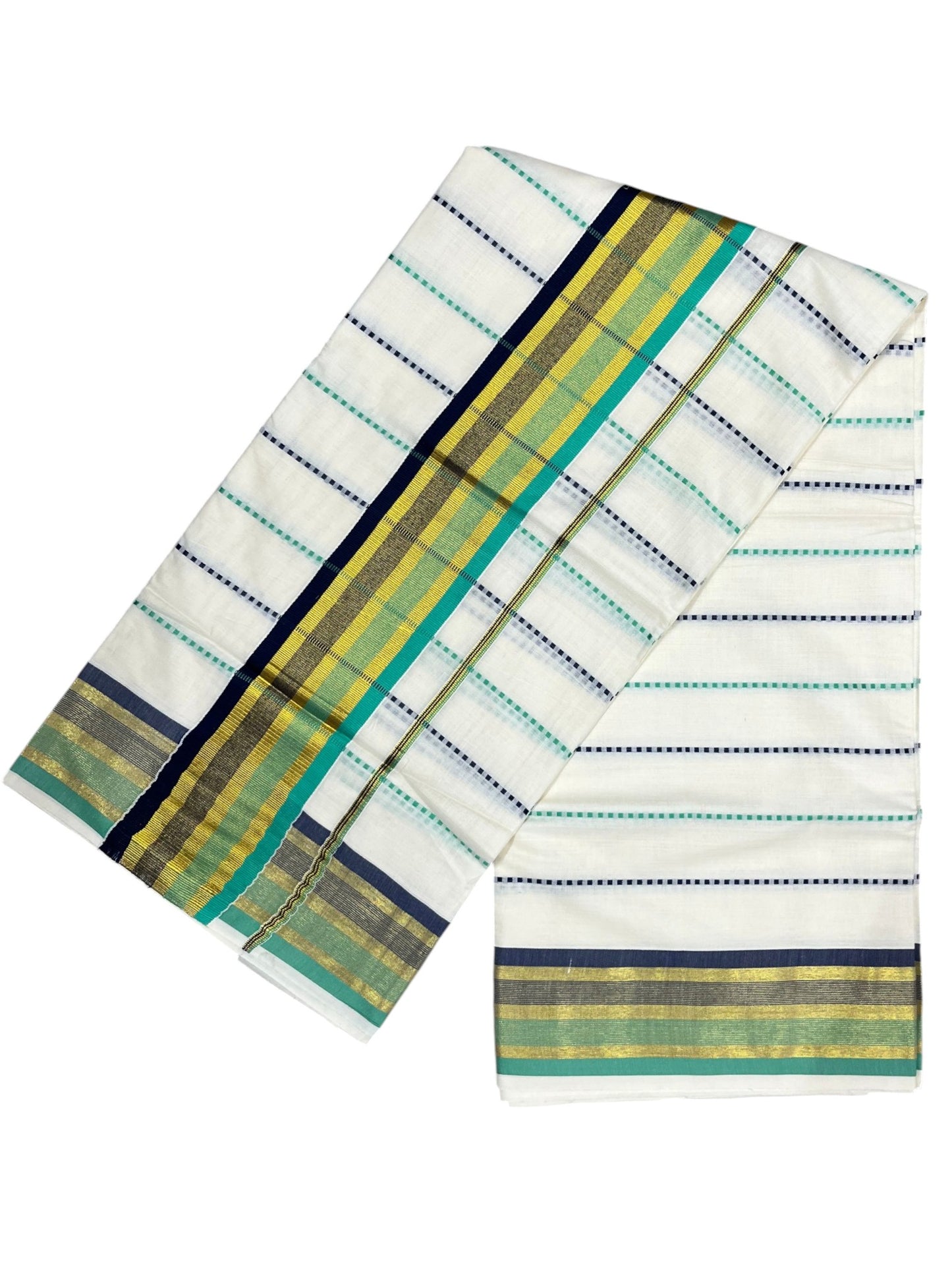Southloom Cotton Kasavu Saree with Green and Blue Thread Work Across Body