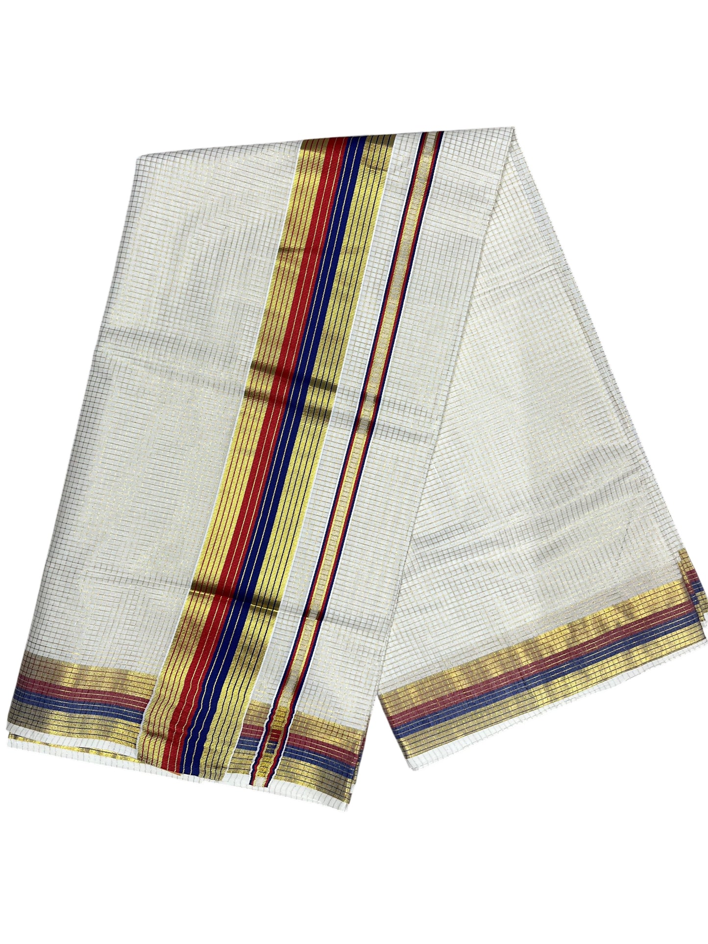 Southloom Kerala Cotton Kasavu Saree with Micro Check Design on Body in Red & Blue Border
