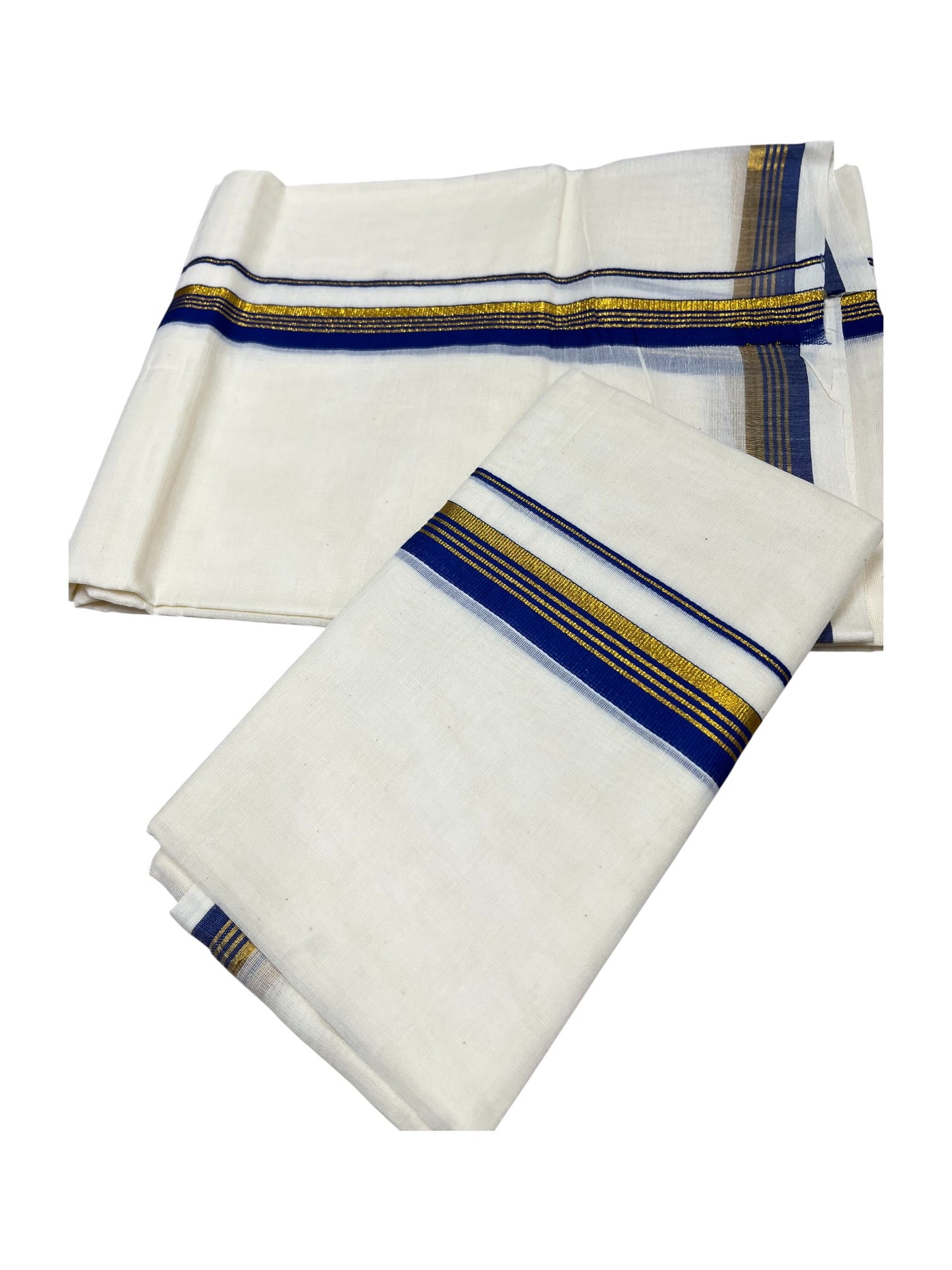 Pure Cotton Kerala Single Set Mundu (Mundum Neriyathum) with Blue Kasavu Border in 2.80 Mtrs