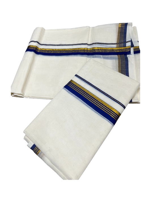 Pure Cotton Kerala Single Set Mundu (Mundum Neriyathum) with Blue Kasavu Border