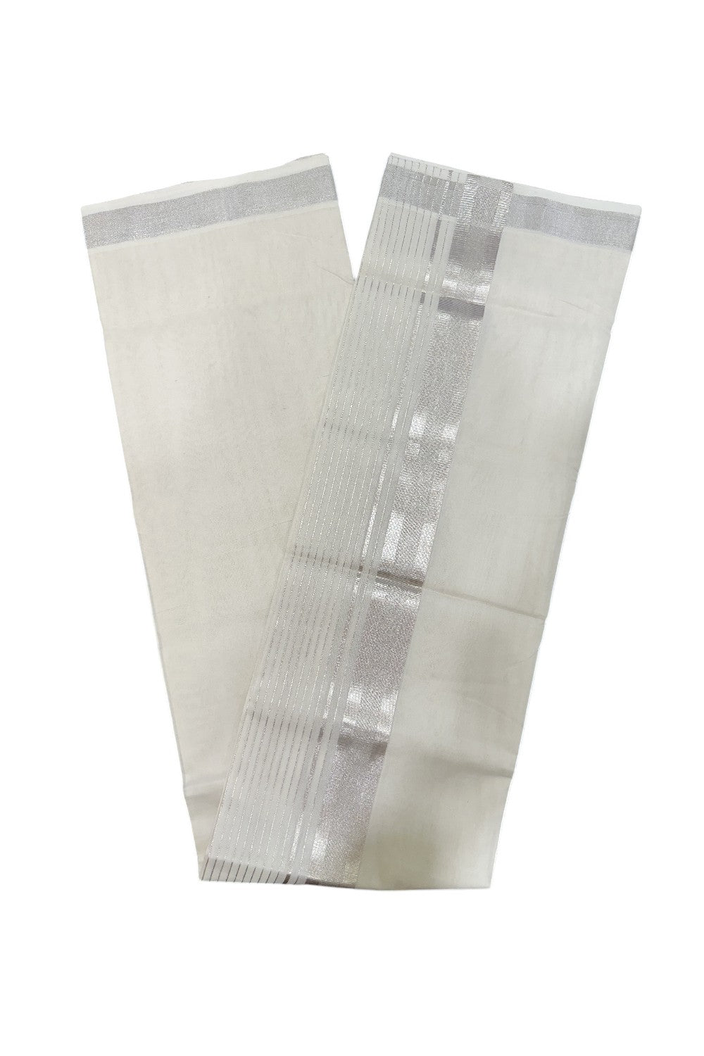 Southloom Premium Balarampuram Handloom Mundu with Silver Border and Silver Woven Lines after Kara(South Indian Dhoti)