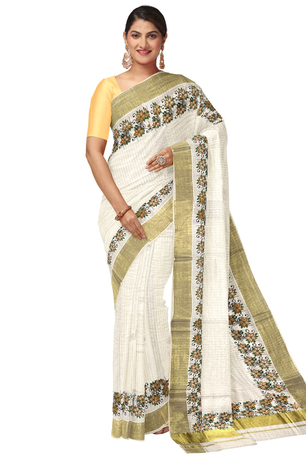 Southloom Onam 2023 Special Yellow Floral Printed Lines Kasavu Saree