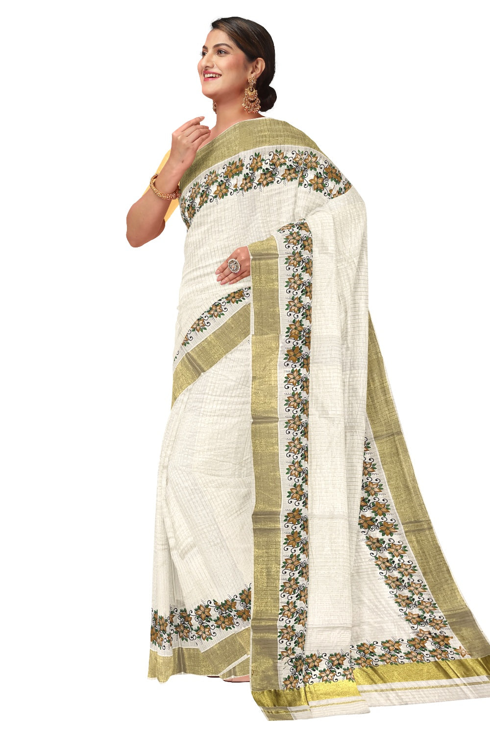 Southloom Onam 2023 Special Yellow Floral Printed Lines Kasavu Saree