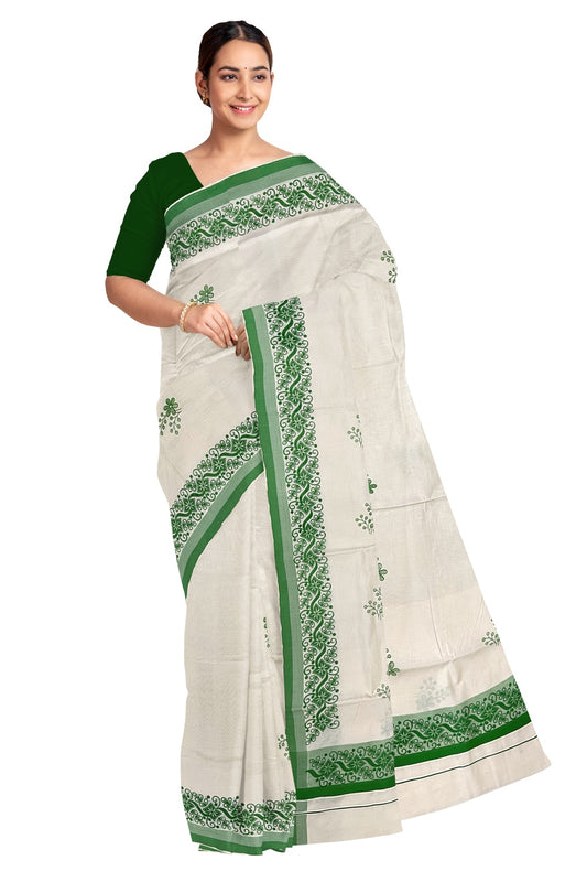 Pure Cotton Off White Kerala Saree with Light Green Floral Block Printed Border