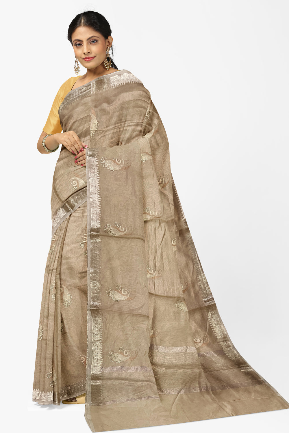 Southloom Cotton Light Brown Saree with Paisley Thread Works