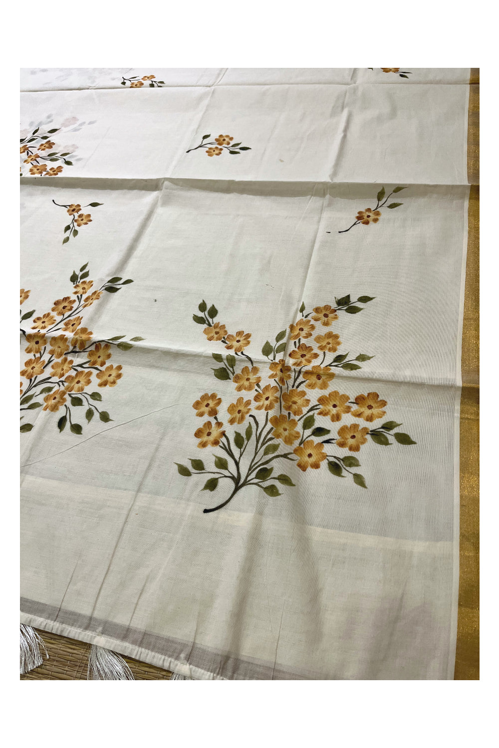 Kerala Cotton Kasavu Saree with Floral Painted Designs