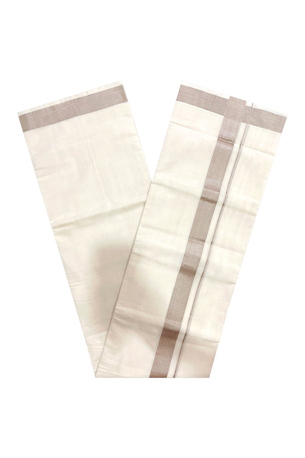 Southloom Premium Handloom Cotton Double Mundu with Silver Kasavu and Beige Lines Border (Onam Mundu 2023)