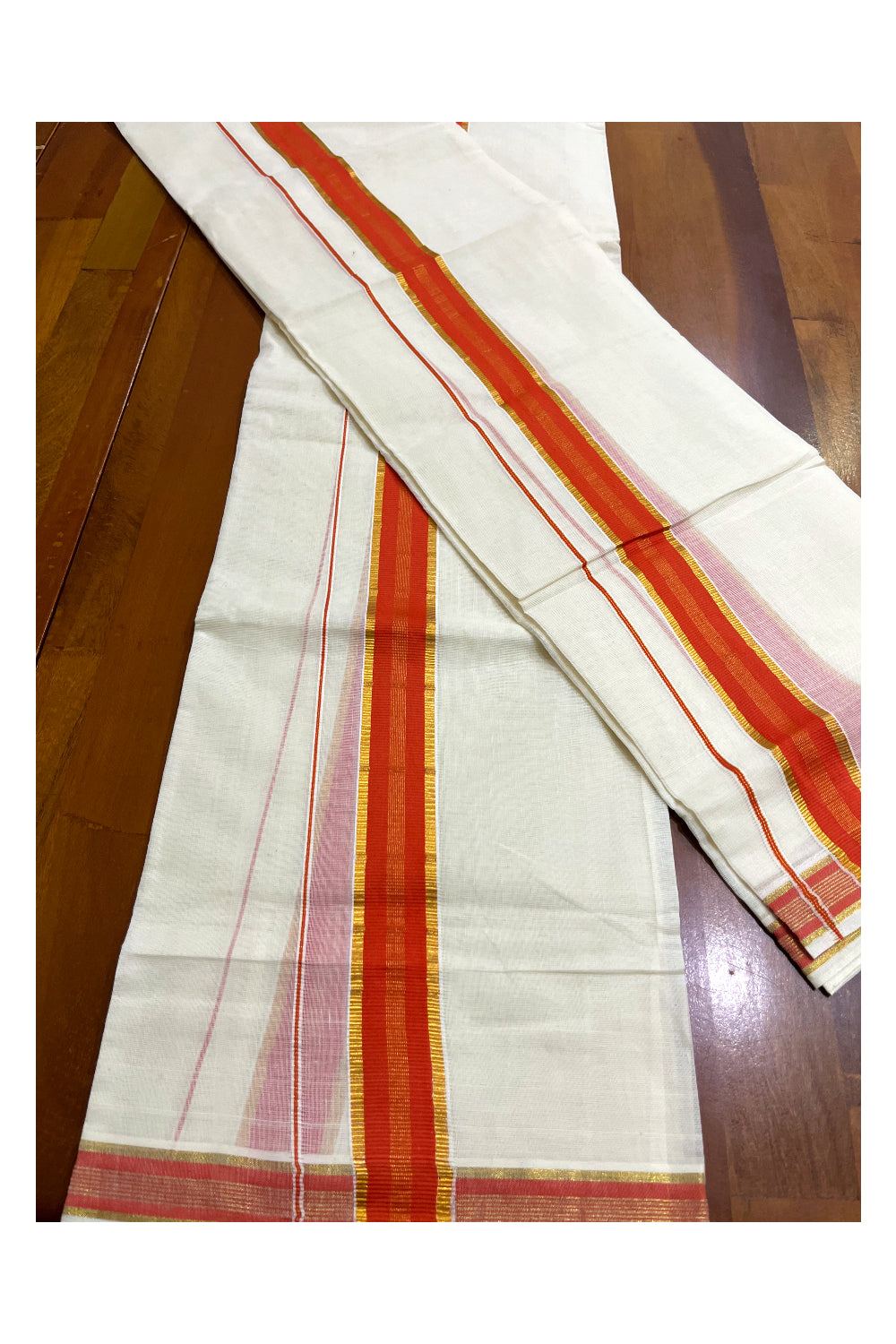 Kerala Cotton Set Mundu (Mundum Neriyathum) with Orange and Kasavu Border