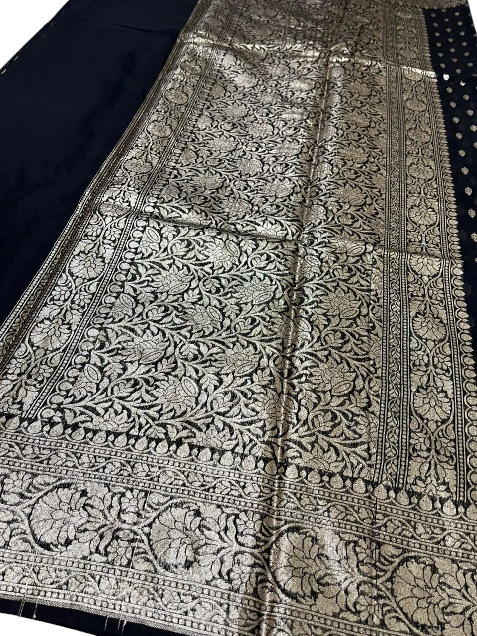 Southloom Cotton Banarasi Silk Saree with Woven Work on Body and Borders (Black)