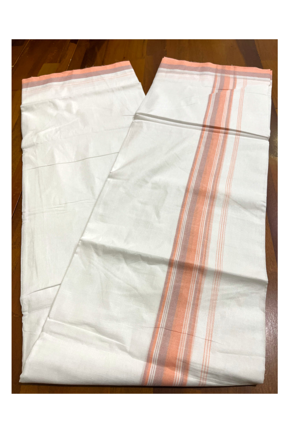 Pure White Cotton Kerala Double Mundu with Peach Violet Border (South Indian Kerala Dhoti)