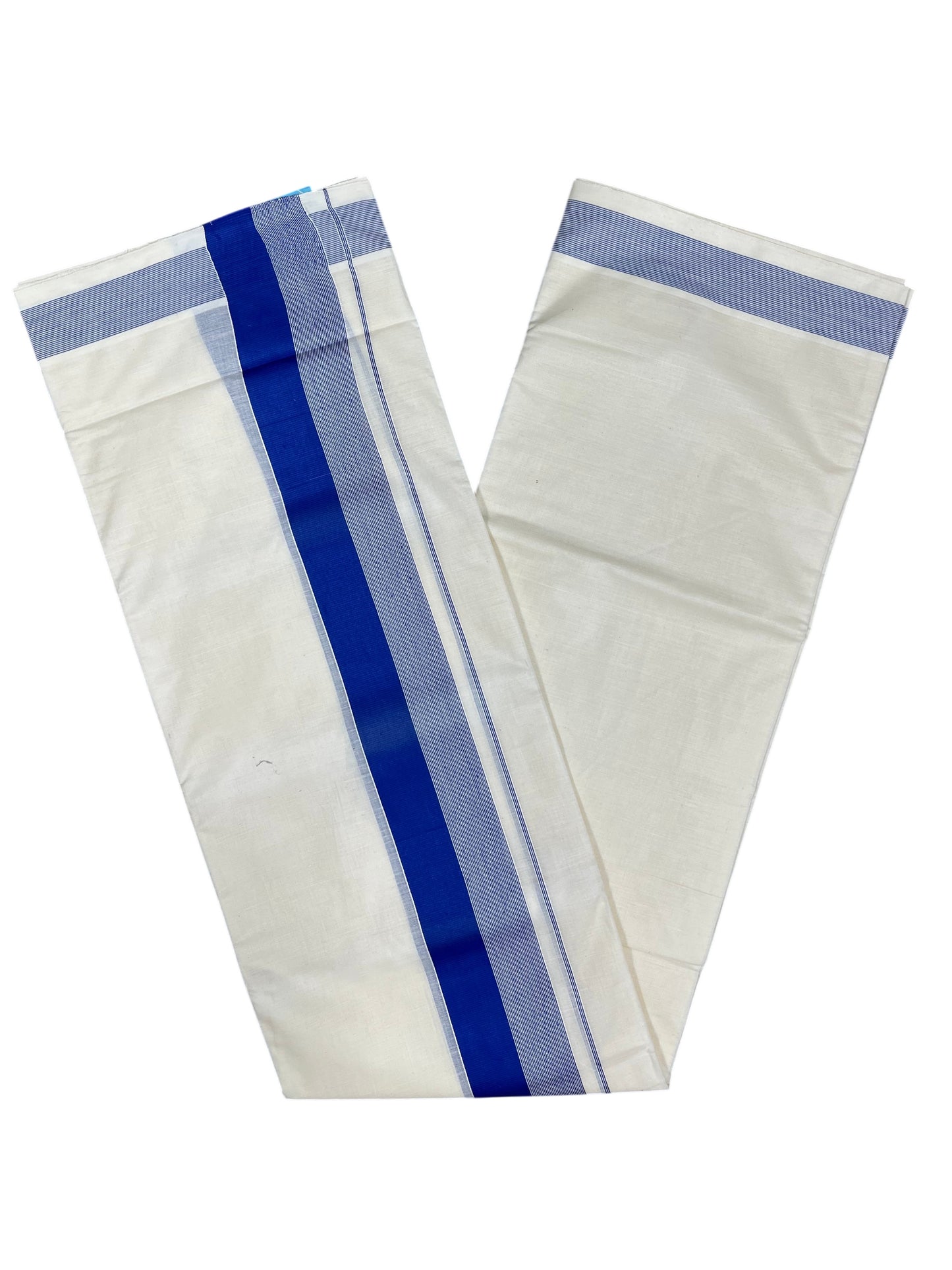 Southloom Kerala Pure Cotton Double Mundu with Blue Lines And Blue Border (South Indian Kerala Dhoti)