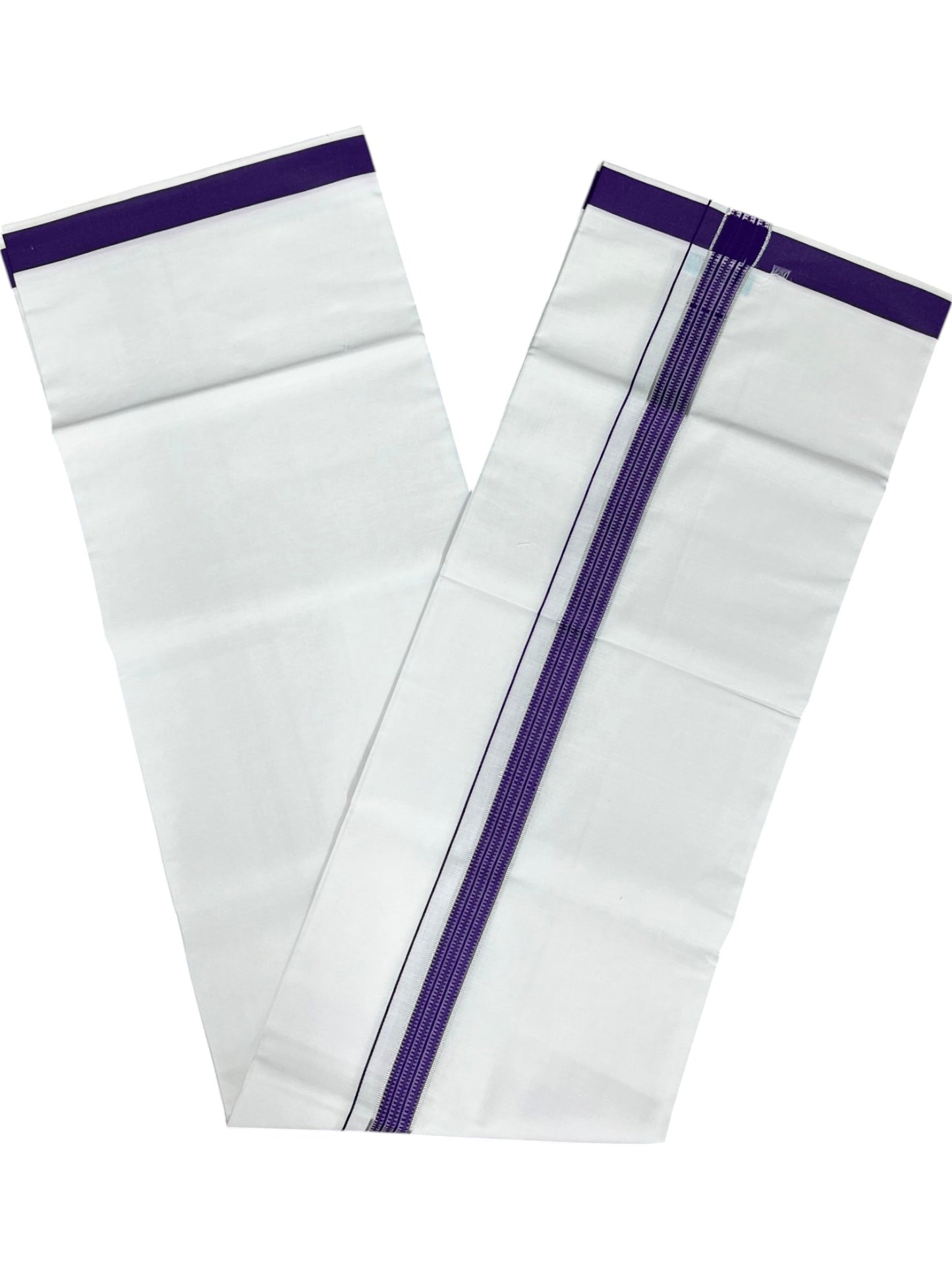 Southloom Pure White Cotton Single Mundu with Silver Line & Violet Border (South Indian Kerala Dhoti)