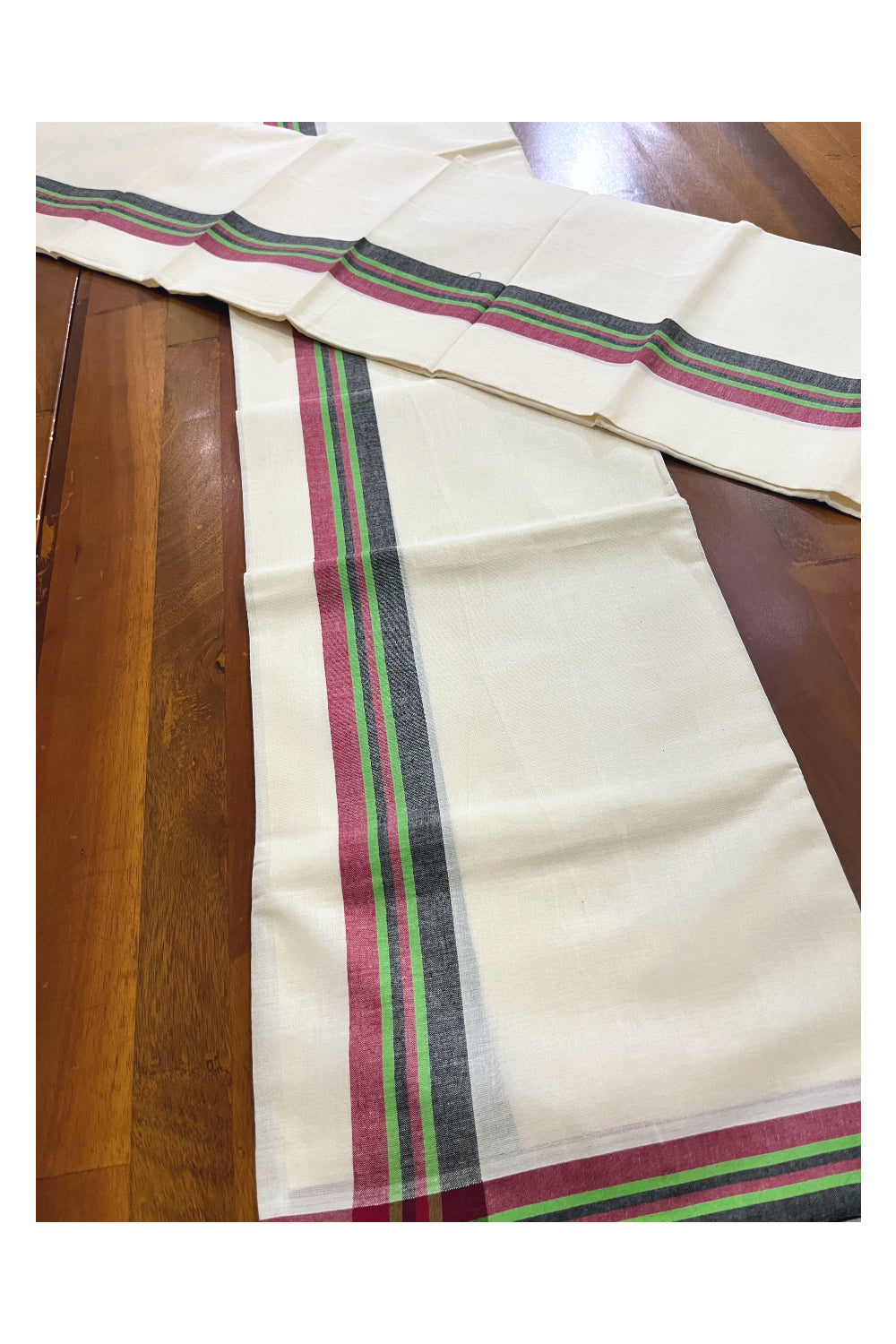 Kerala Mulloth Cotton Single Mundum Neriyathum with Maroon Black Green Border (Extra Soft Cotton)