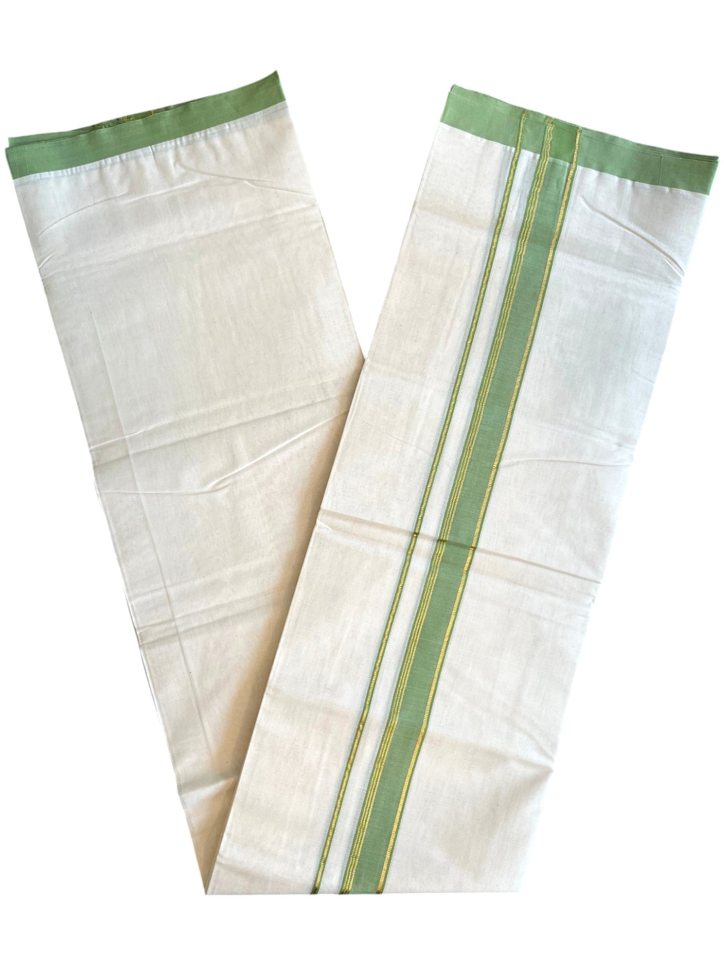Southloom Pure Cotton Mundu with Golden Lines and Green Border (South Indian Kerala Dhoti)