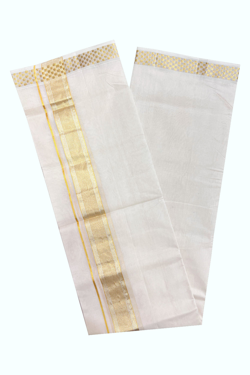 Southloom Super Premium Balaramapuram Unakkupaavu Handloom Double Mundu with Silver and Golden Kasavu Woven Border
