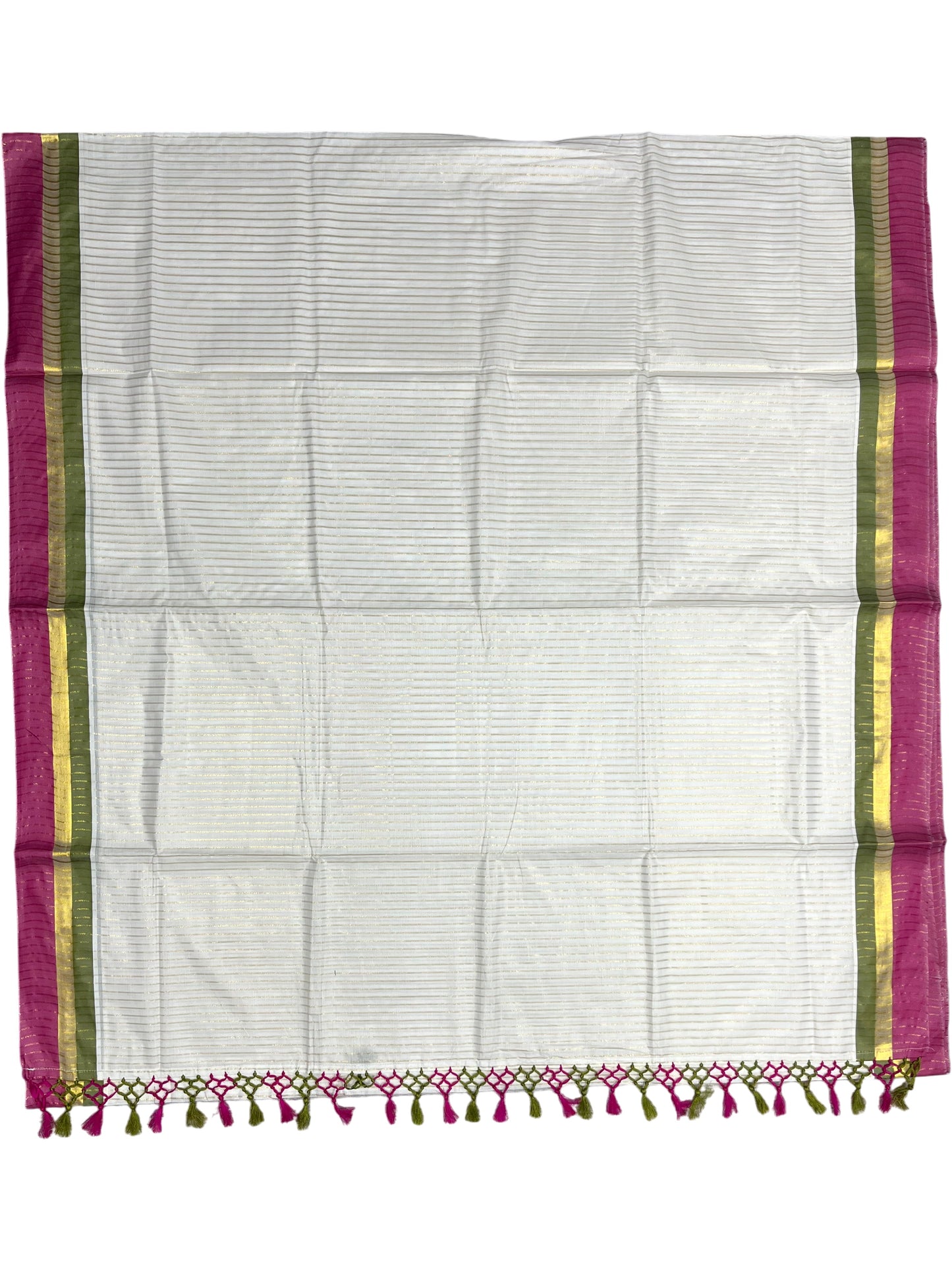 Southloom Cotton Kerala Kasavu Saree with Stripes on Body and Pink &Olive Green Border with Tussels