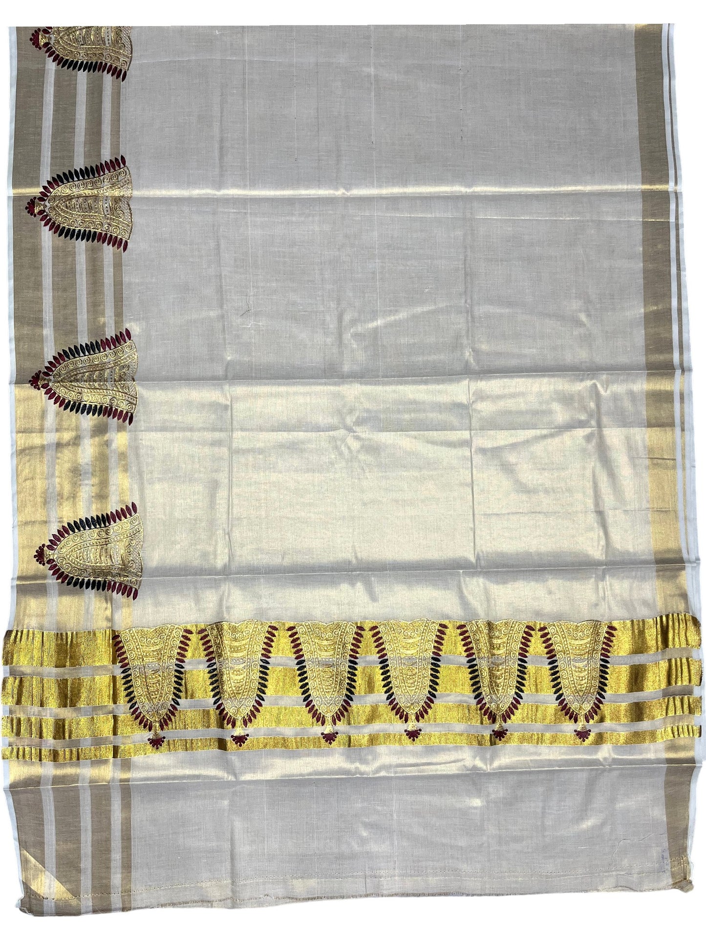 Southloom Tissue Kerala Kasavu Saree with Nettipattam Embroidery Designs on Body SL539