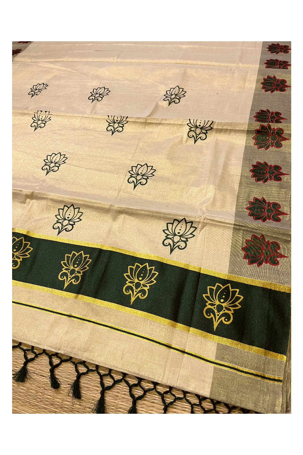 Kerala Tissue Kasavu Saree with Green and Golden Block Prints and Green Border