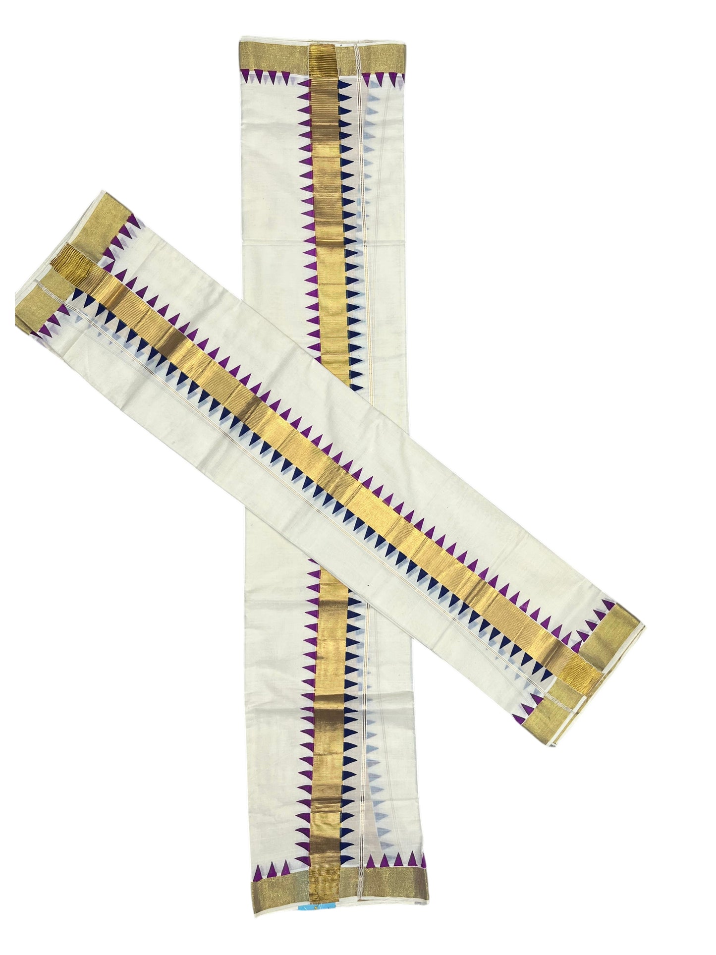 Southloom Kerala Cotton Kasavu Single Set Mundu (Mundum Neriyathum) with Magenta  And Blue Temple Design Border SLKK