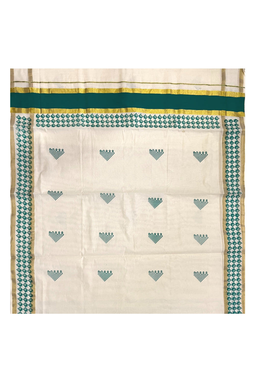 Pure Cotton Kerala Saree with Green Block Printed Kasavu Border