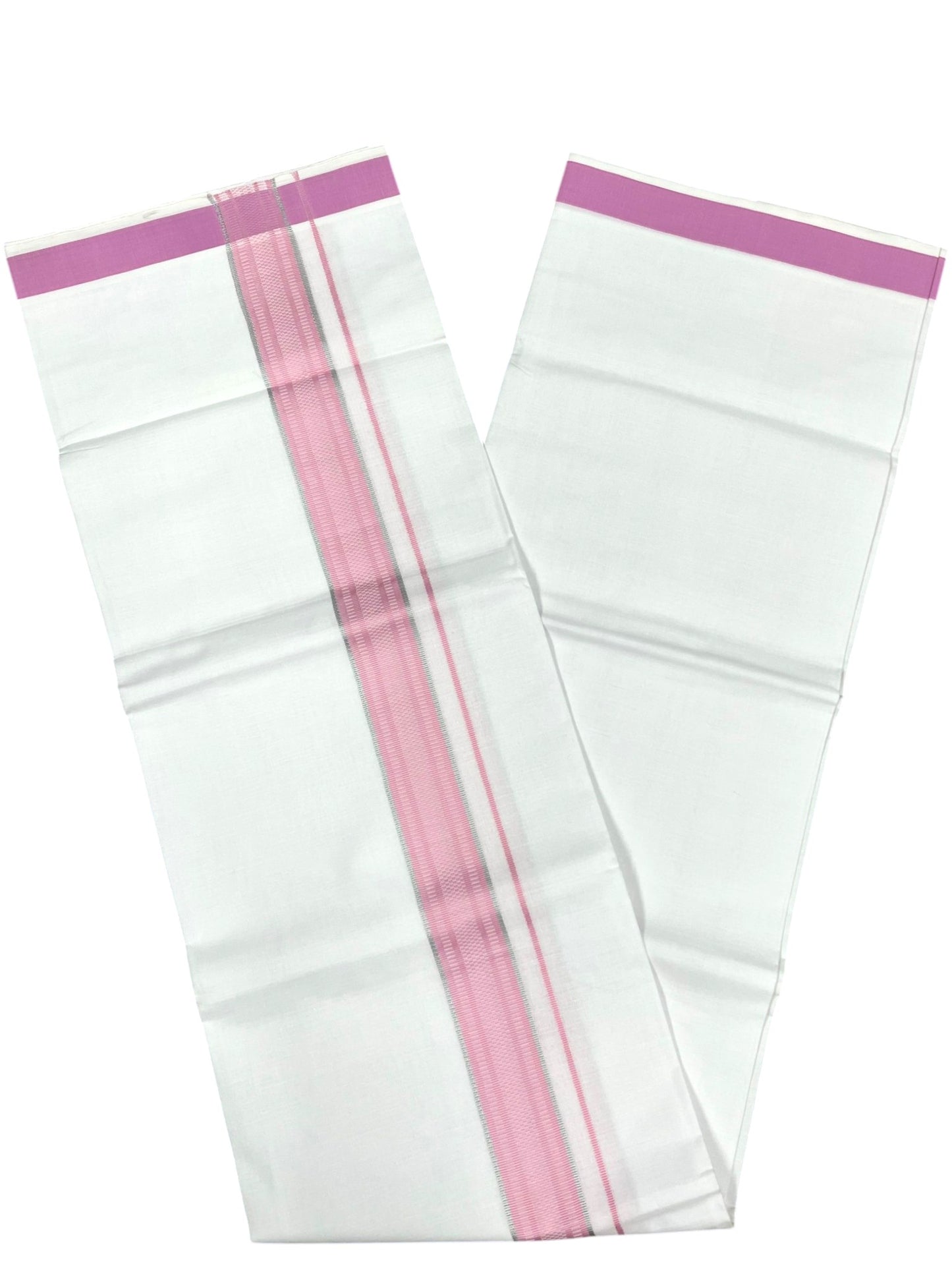 Southloom Pure White Cotton Mundu with Silver Line & Pink Border (South Indian Kerala Dhoti)
