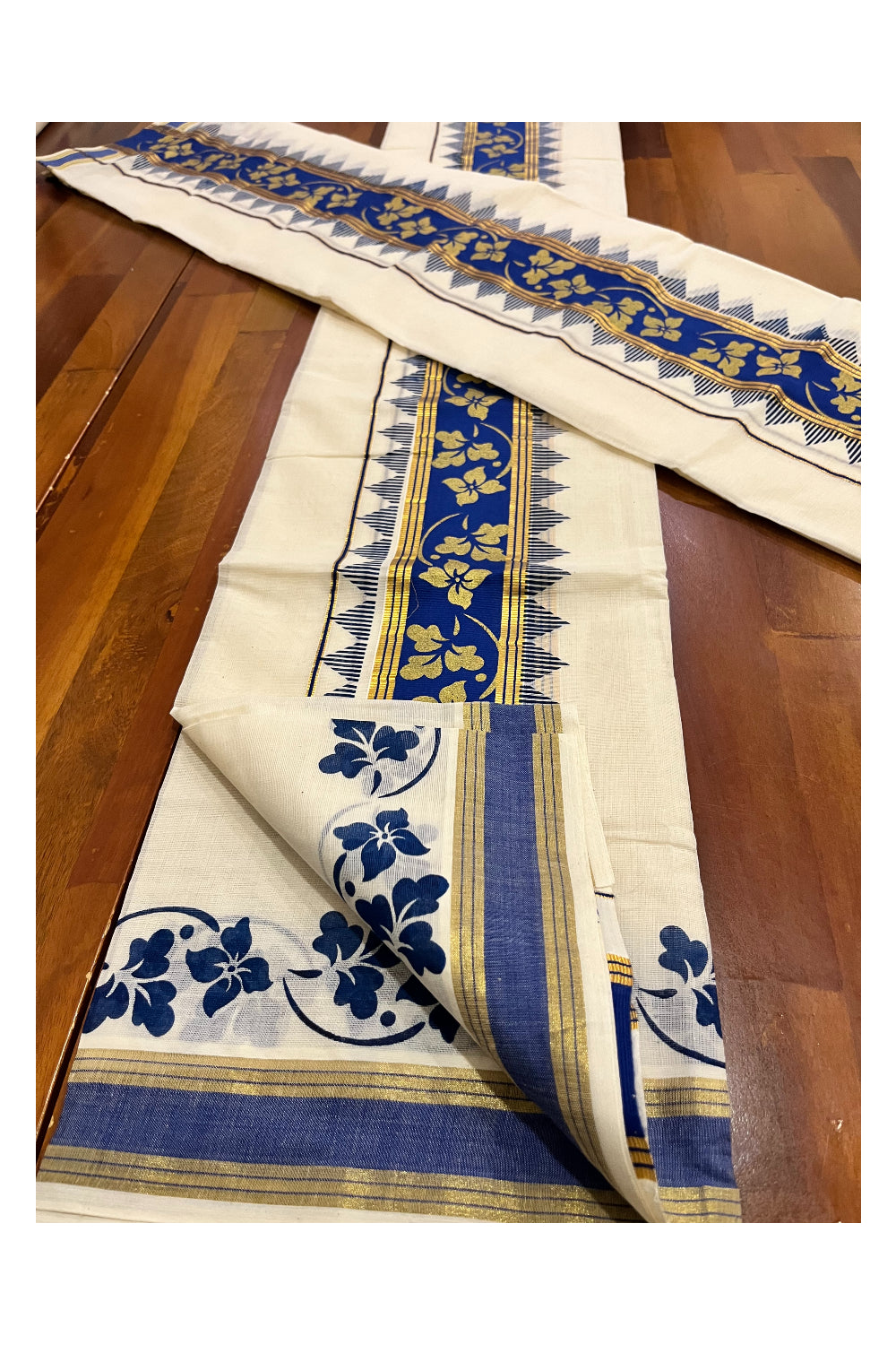 Kerala Pure Cotton Set Mundu Single (Mundum Neriyathum) with Floral Golden Block Prints on Blue Border