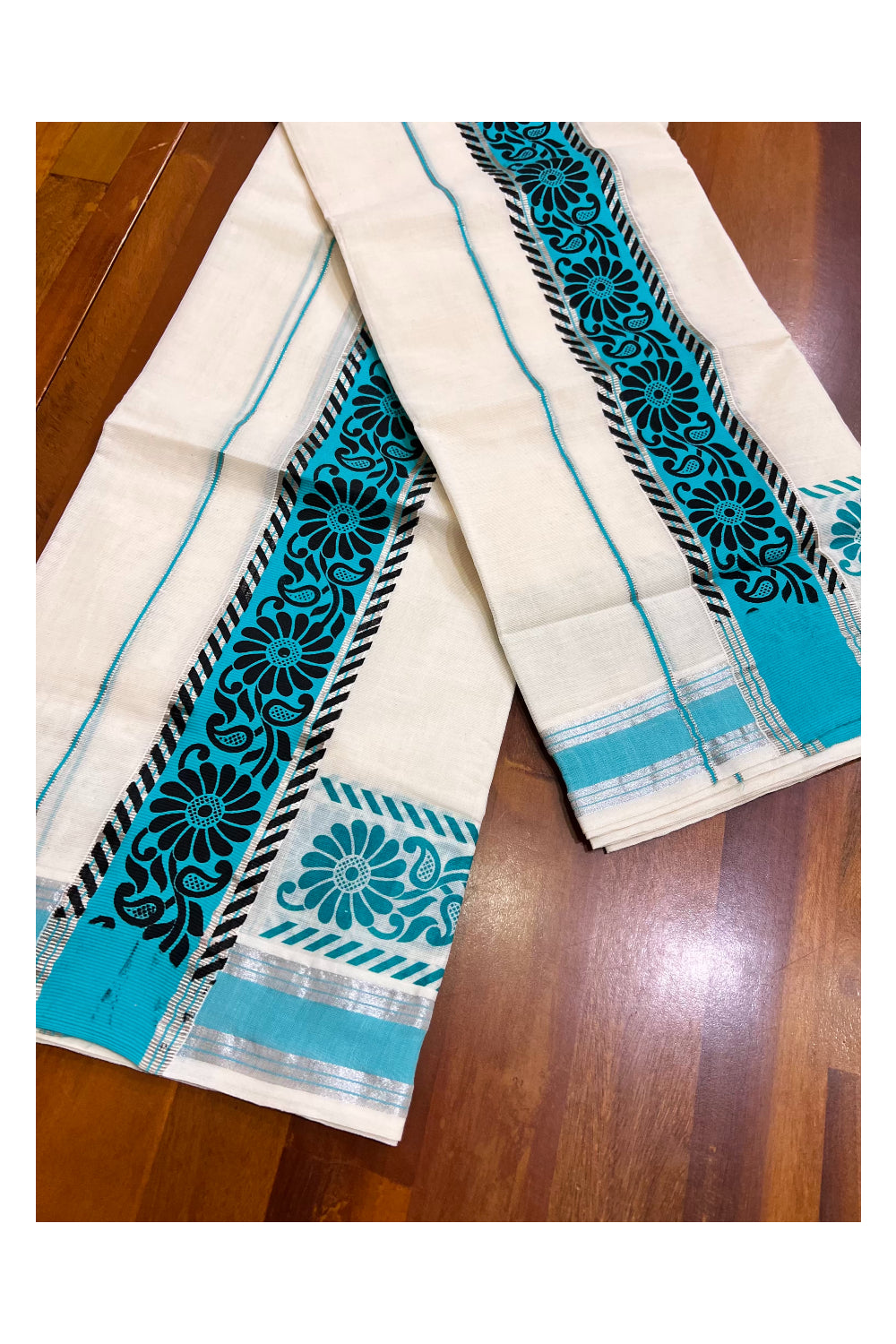 Kerala Pure Cotton Set Mundu Single (Mundum Neriyathum) with Black Block Prints on Blue Border and Silver Kasavu - 2.80Mtrs (Vishu 2024 Collection)