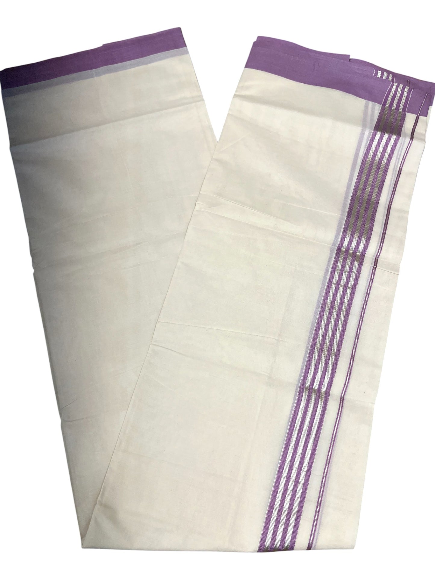 Southloom Kerala Pure Cotton Double Mundu with Lavender Colour And Silver Lines Border (South Indian Dhoti)