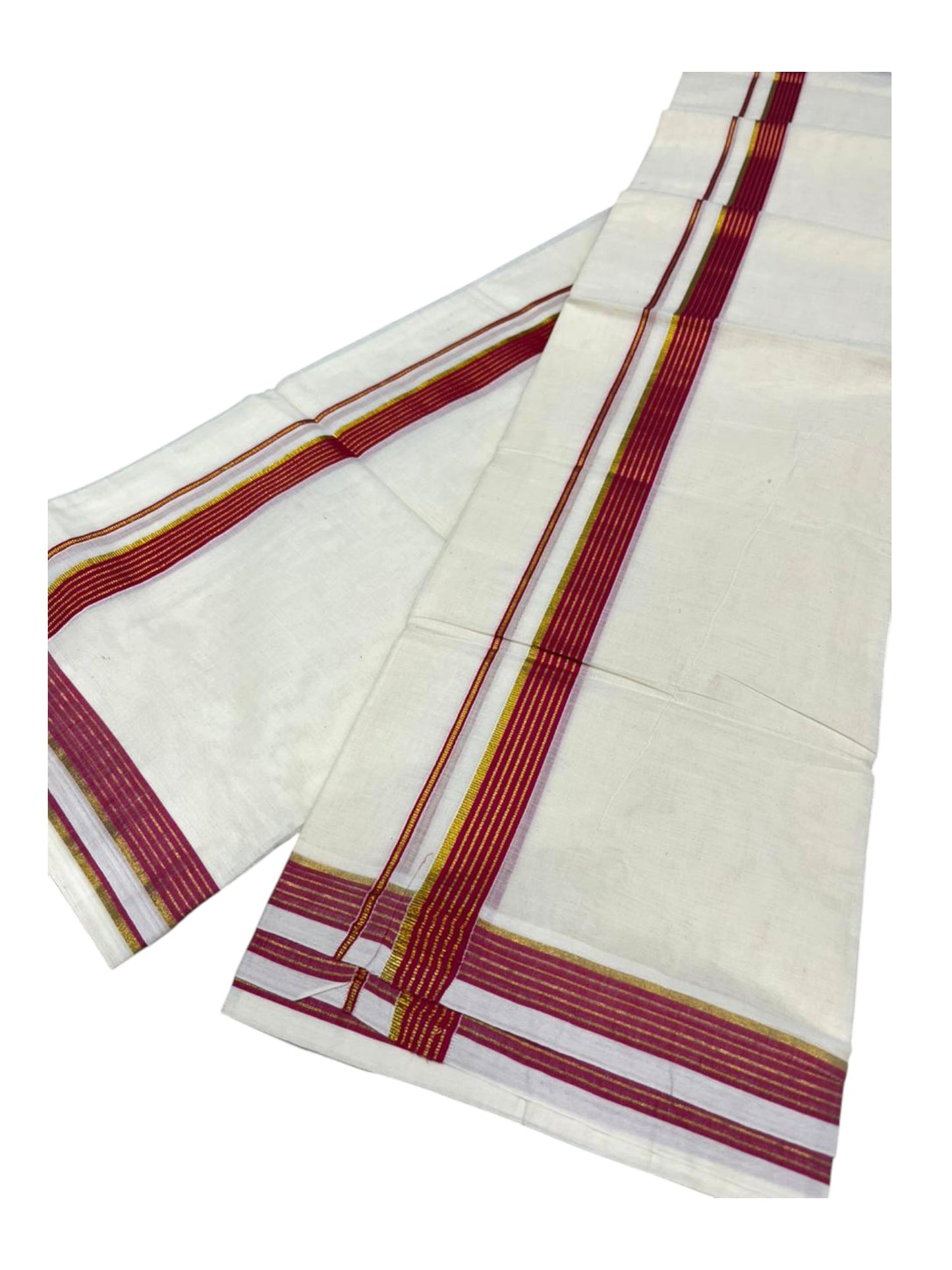 Pure Cotton Kerala Single Set Mundu (Mundum Neriyathum) with Magenta Kasavu Border in 2.80 Mtrs
