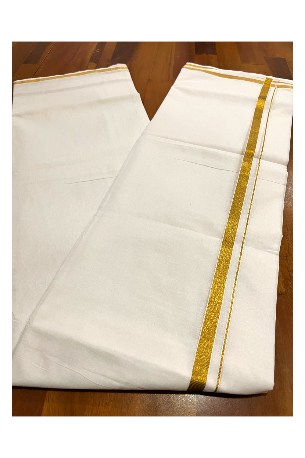 Pure White Cotton Double Mundu with 0.5 inch Kasavu Border (South Indian Dhoti)