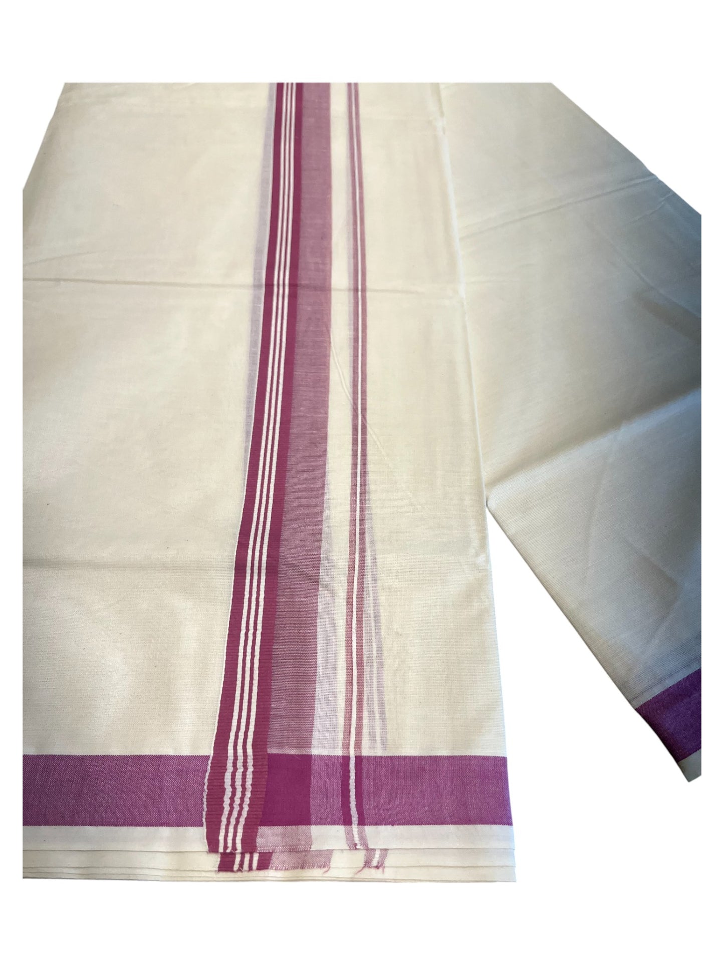 Southloom Pure Cotton Double Mundu With White Lines &Purple Border (South Indian Kerala Dhoti)