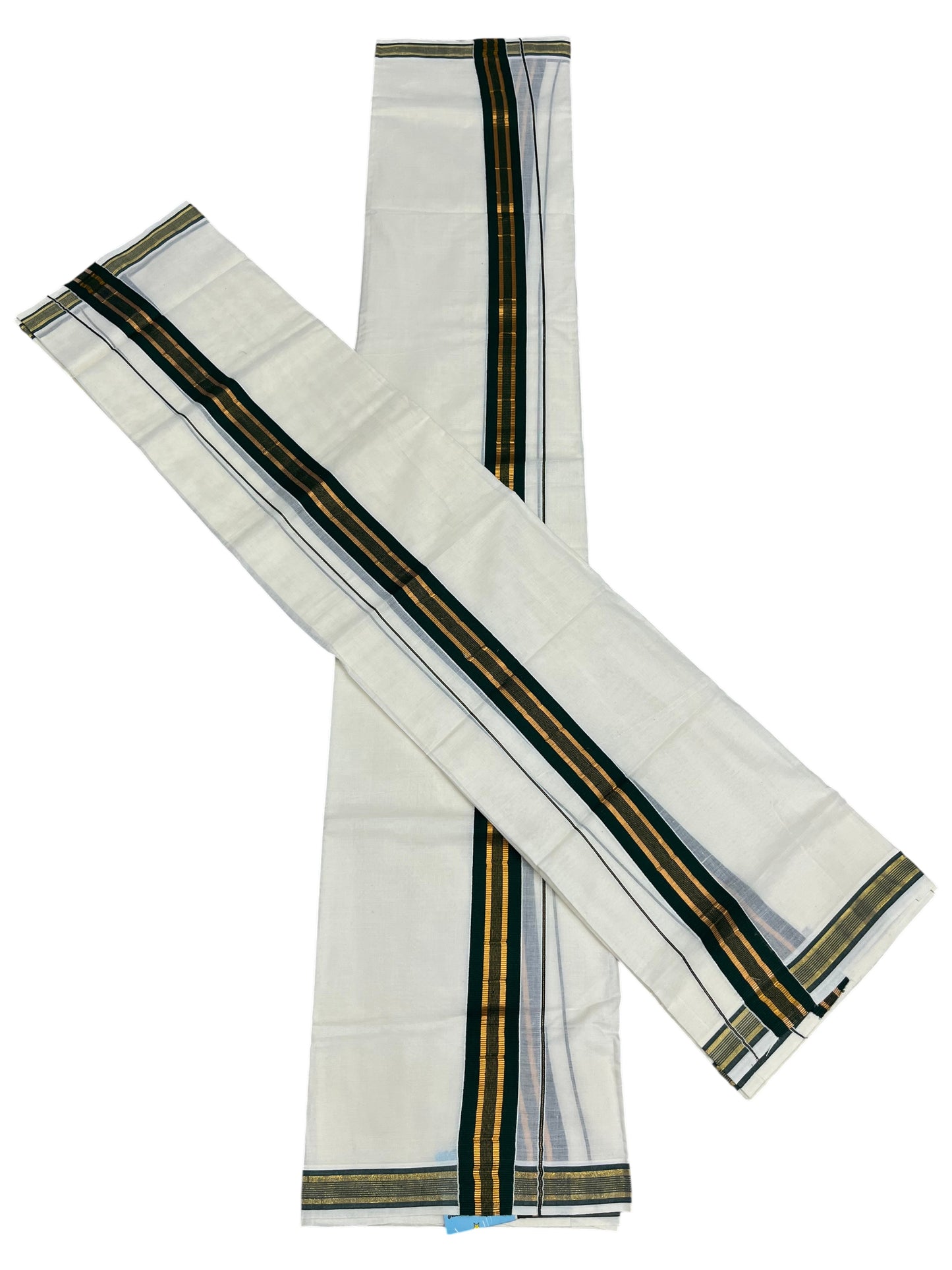 Southloom Kerala Cotton Single Set Mundu (Mundum Neriyathum) with Kasavu and Dark Green Border  SLKK SL470