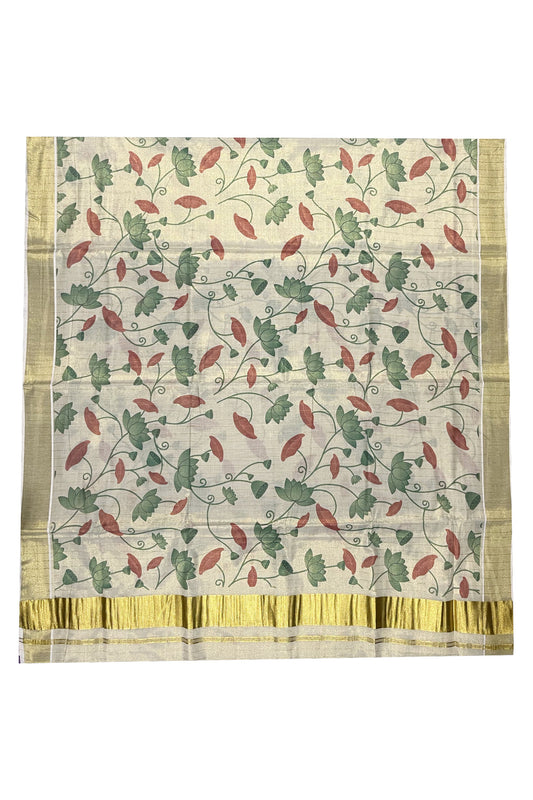 Kerala Tissue Kasavu Lines Saree with Green Floral Kalamkari Design