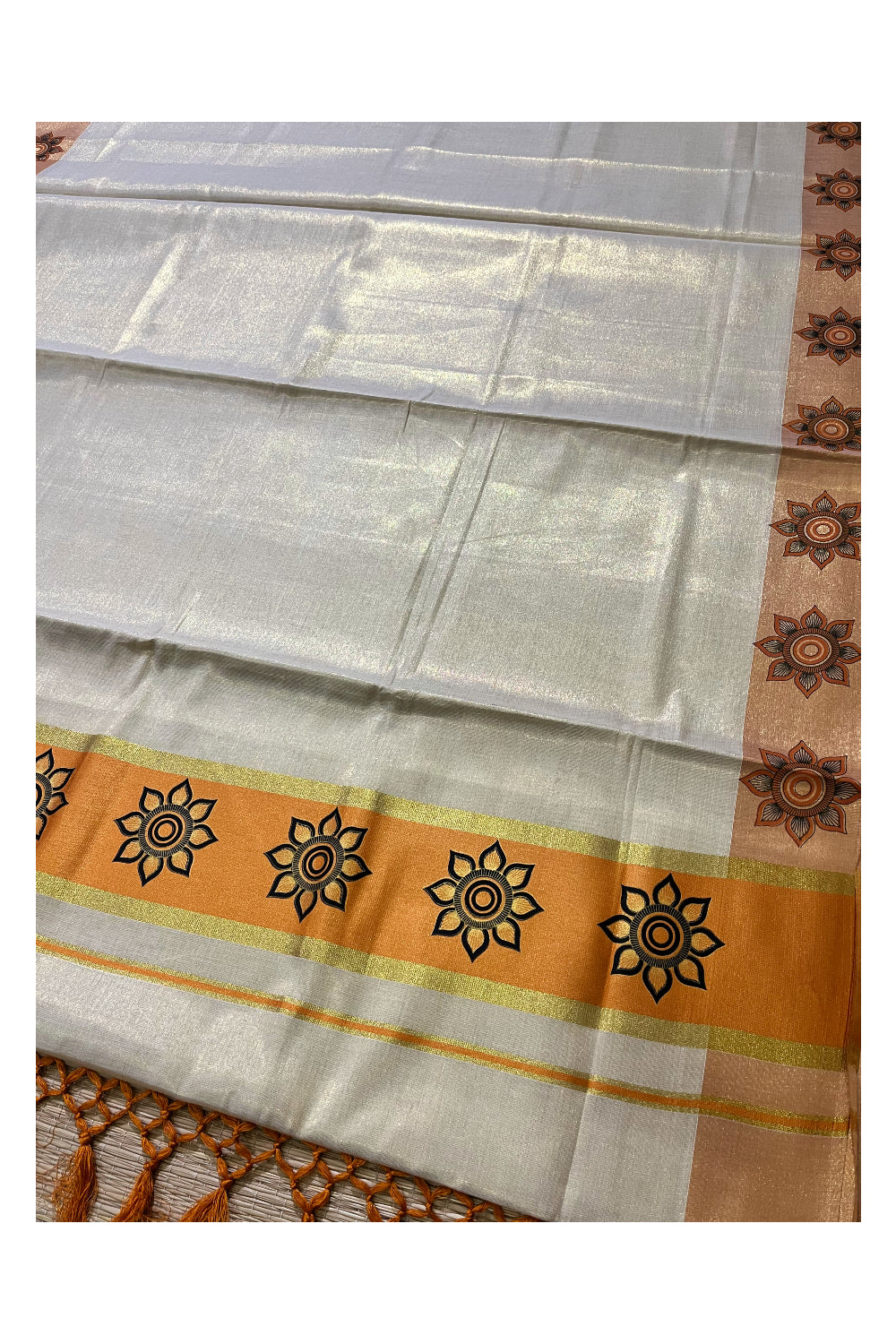 Kerala Tissue Kasavu Saree with Floral Block Prints in Orange Border