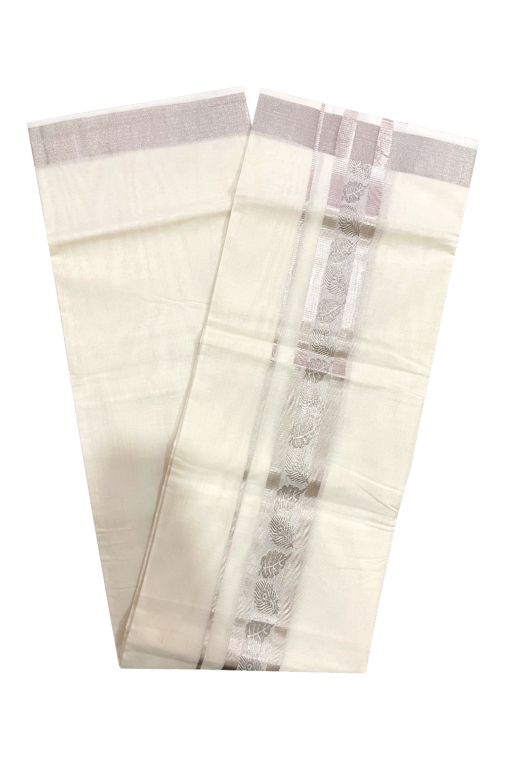 Southloom Premium Handloom Pure Cotton Mundu with Silver Kasavu Woven Border (Onam Mundu 2023)