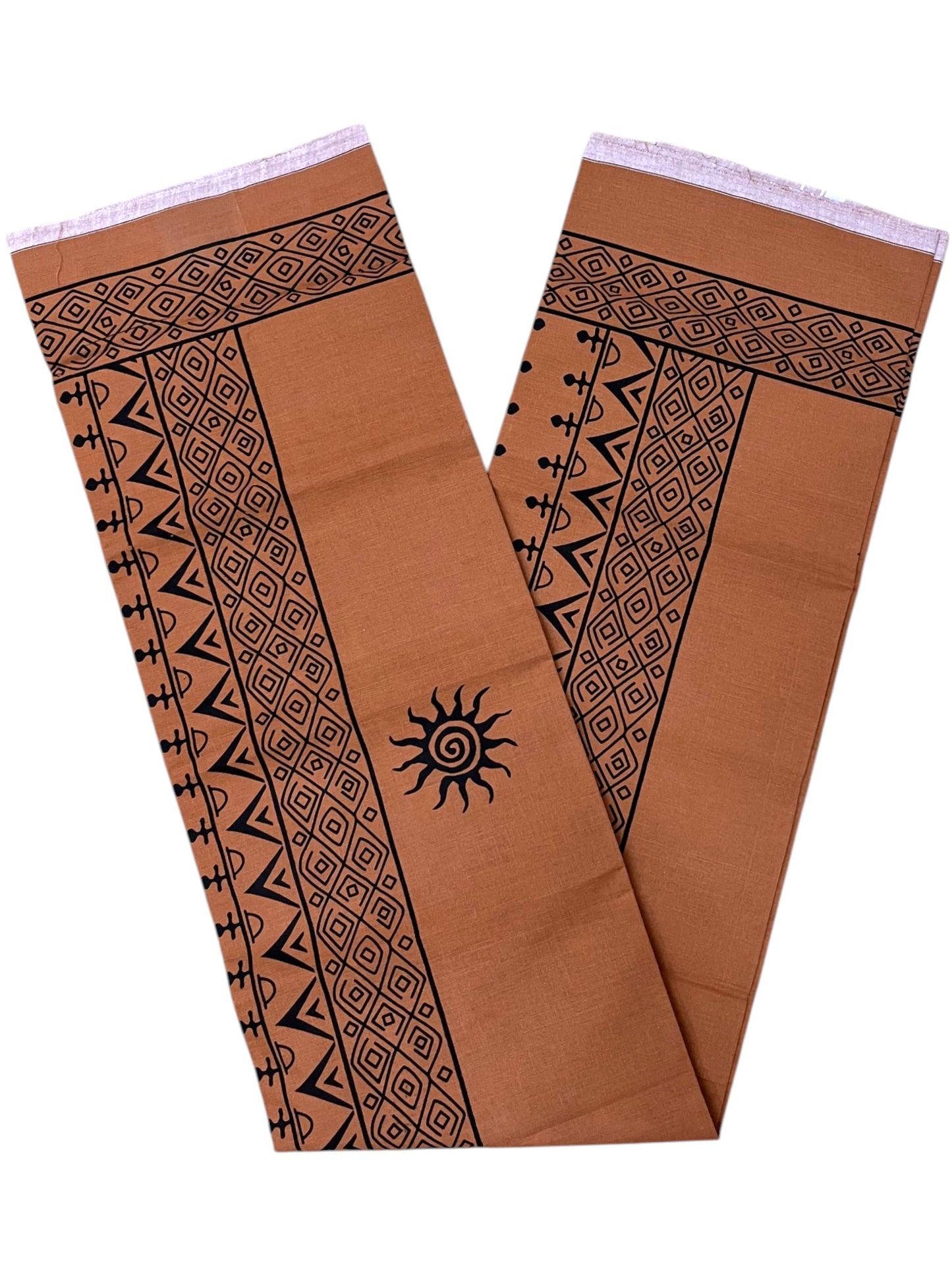 Southloom Saffron (Kaavi) Black Printed Single Mundu / Lungi (South Indian Kerala Dhoti) SL319