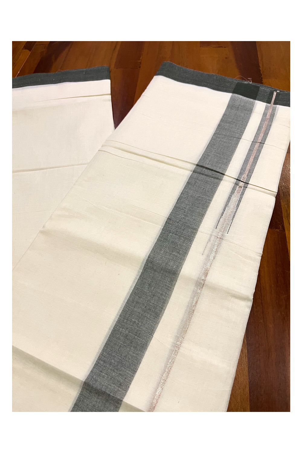 Pure Cotton Kerala Double Mundu with Greenish Grey and Kasavu Line Chutti Border (South Indian Kerala Dhoti)