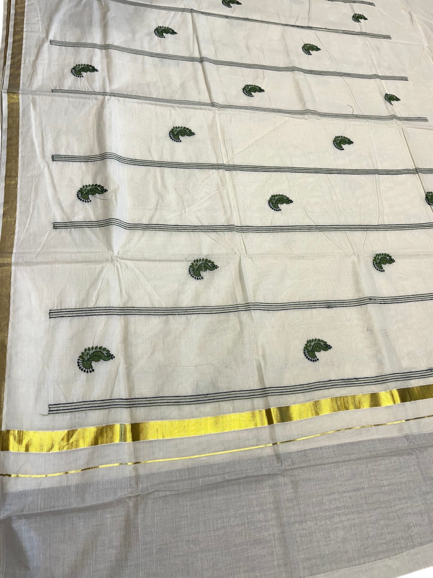 Southloom Kerala Cotton Kasavu Saree with Peacock Embroidery Works Across Body