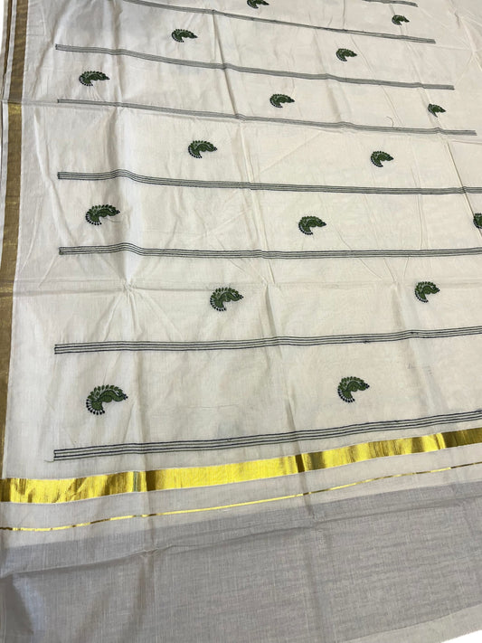 Southloom Kerala Cotton Kasavu Saree with Peacock Embroidery Works Across Body