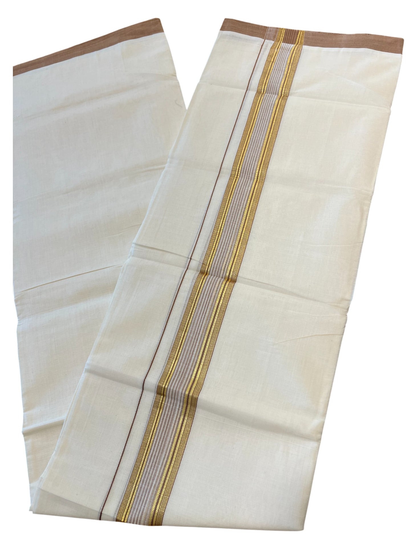Southloom Premium Handloom Cotton Double Mundu with Gold and Brown Border