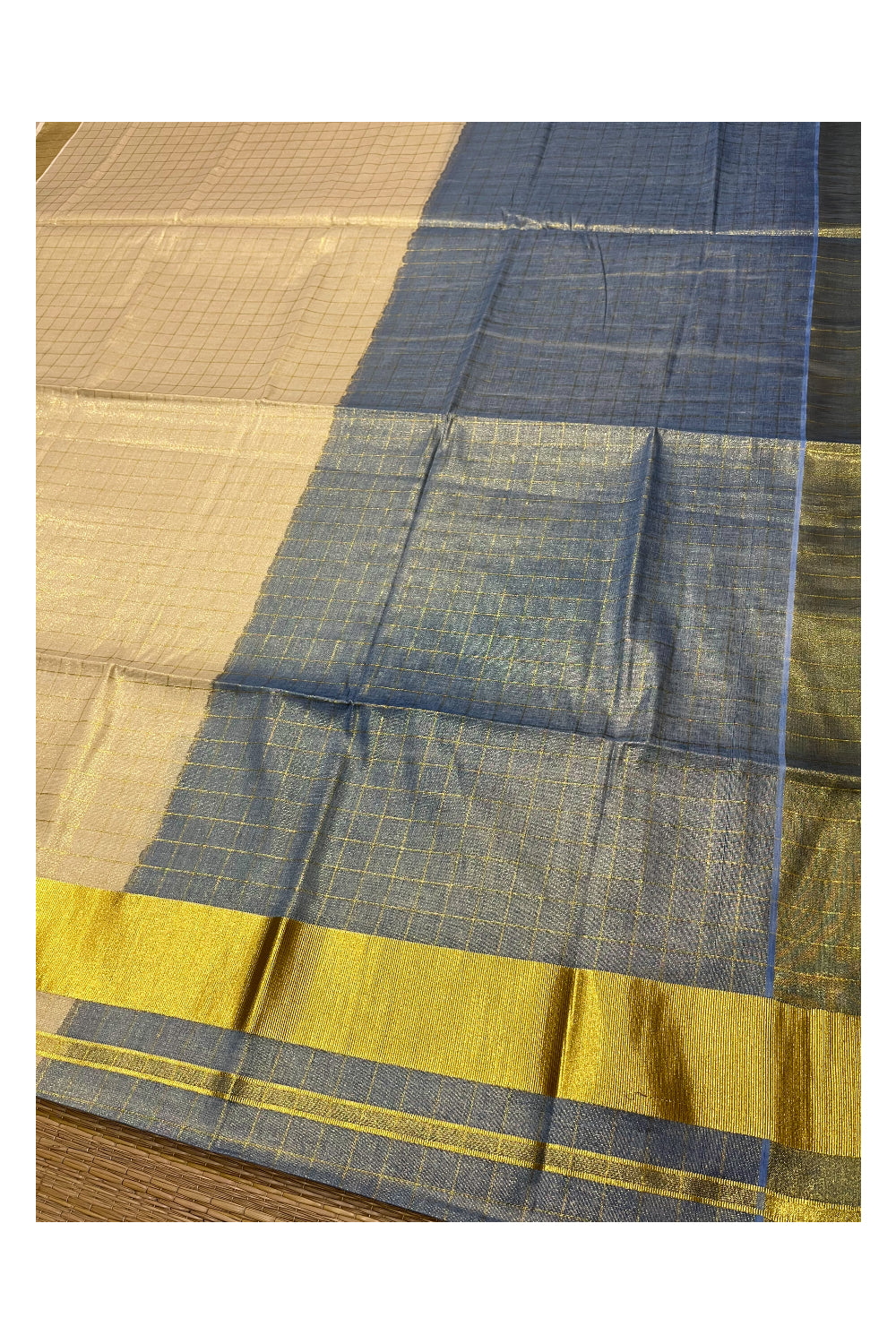 Southloom Tie & Dye - Half & Half  Multi Colour Blue Design Saree with Kasavu Checks Across Body