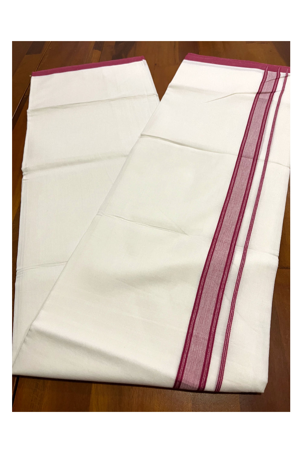 Pure White Cotton Double Mundu with Maroon Border (South Indian Kerala Dhoti)