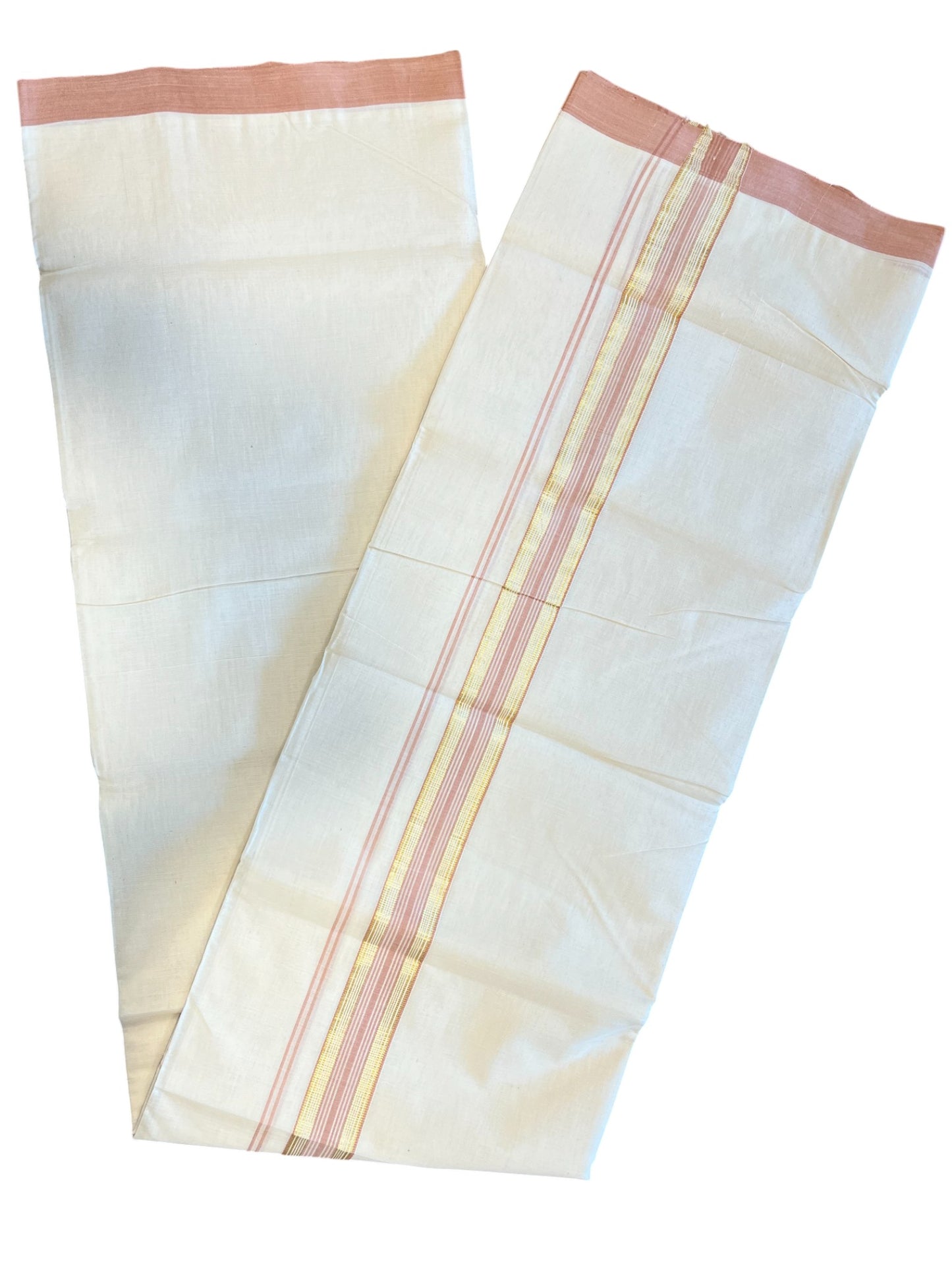 Southloom Premium Handloom Cotton Double Mundu with Gold and Peach Border